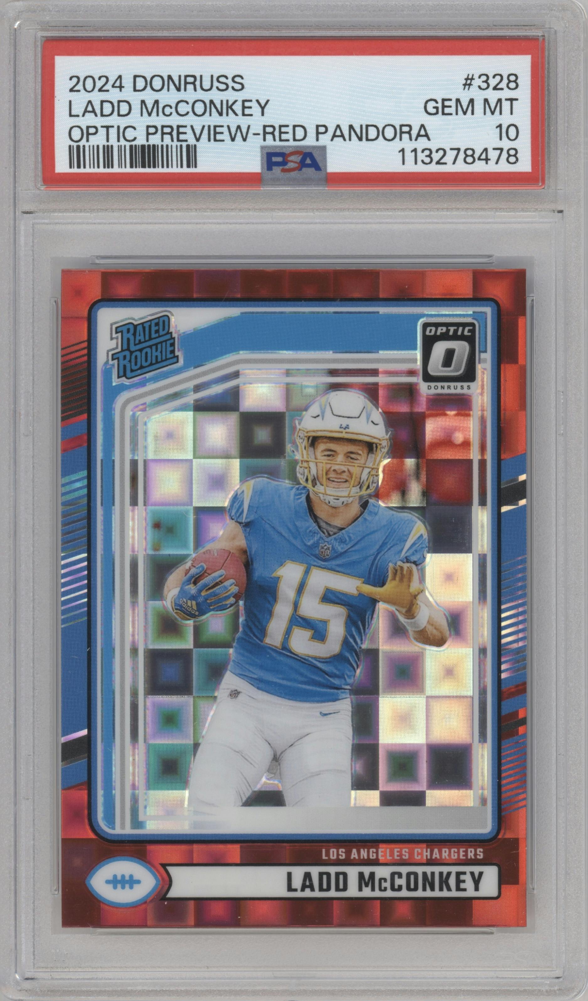 Ladd McConkey from the 2024 Donruss set featuring a Red Pandora parallel graded by PSA and given an overall grade of 10.