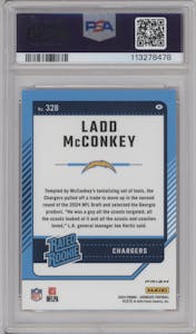 Ladd McConkey from the 2024 Donruss set featuring a Red Pandora parallel graded by PSA and given an overall grade of 10.