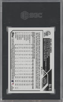 Nolan Jones from the 2023 Topps Chrome set featuring a Gold Refractor parallel graded by SGC and given an overall grade of 10.