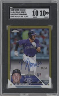 Nolan Jones from the 2023 Topps Chrome set featuring a Gold Refractor parallel graded by SGC and given an overall grade of 10.