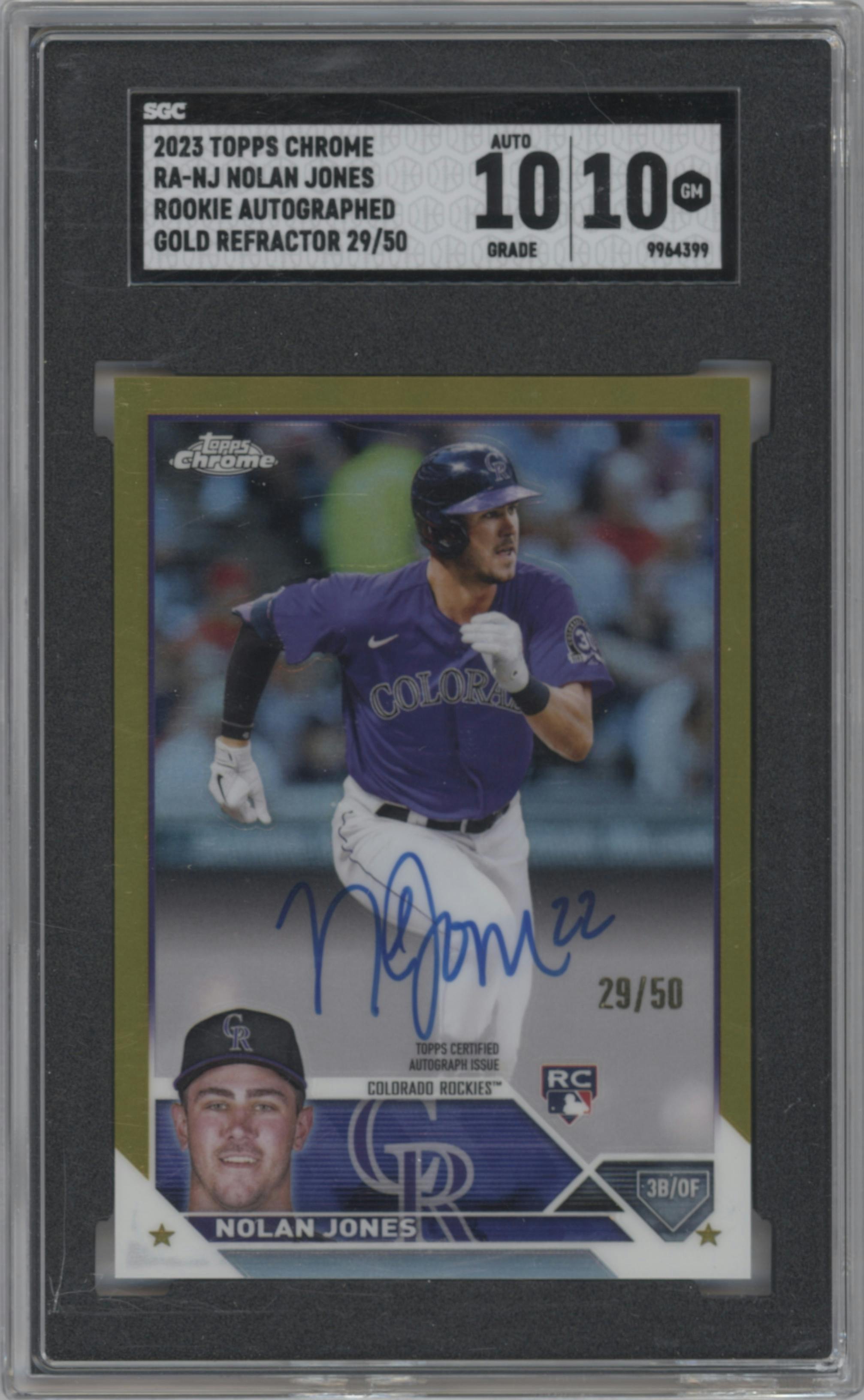 Nolan Jones from the 2023 Topps Chrome set featuring a Gold Refractor parallel graded by SGC and given an overall grade of 10.