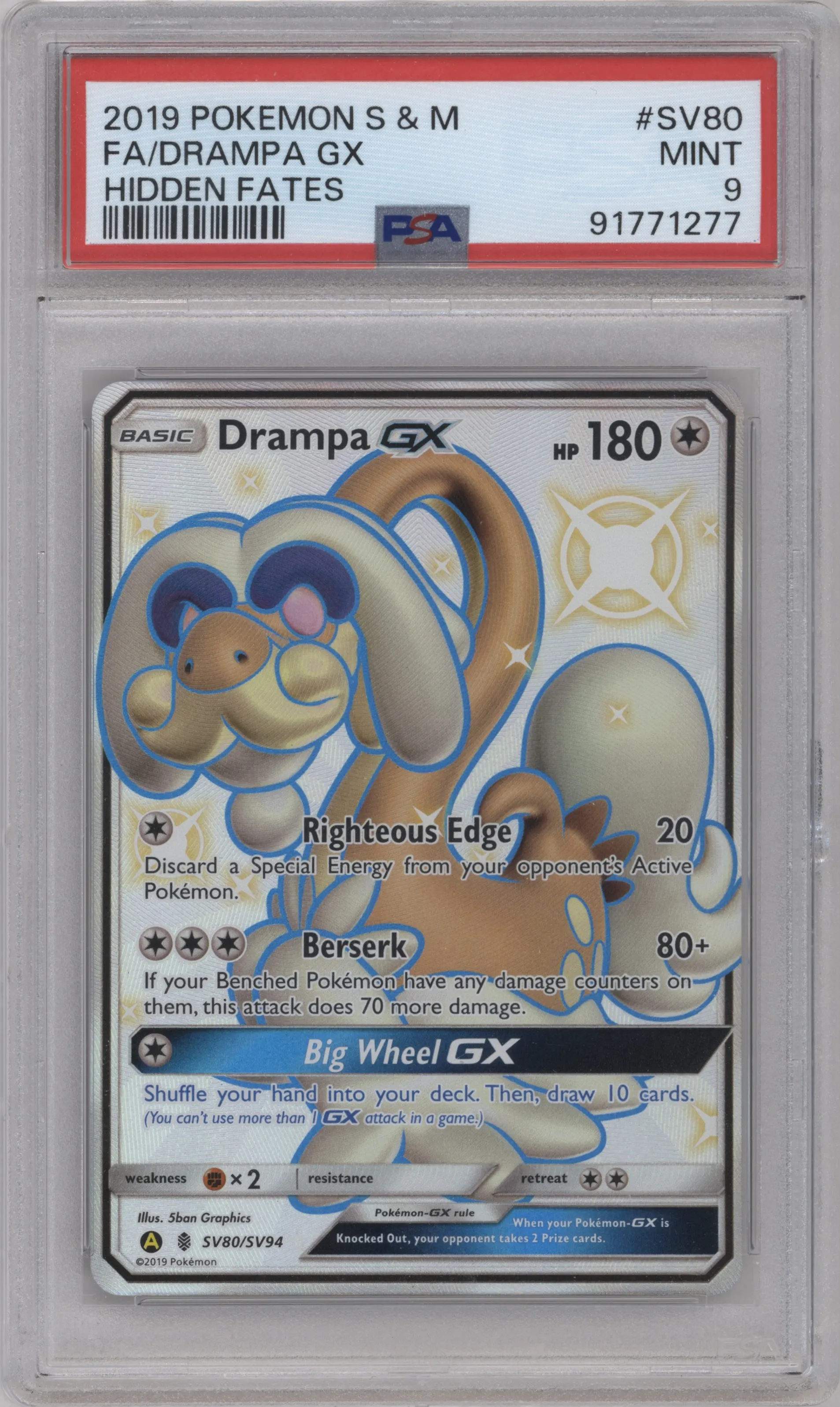 2019 Pokemon S&M Hidden Fates Drampa GX #SV80 PSA 9