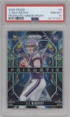 J.J. McCarthy from the 2024 Panini Prizm set featuring a Green Prizm parallel graded by PSA and given an overall grade of 10.