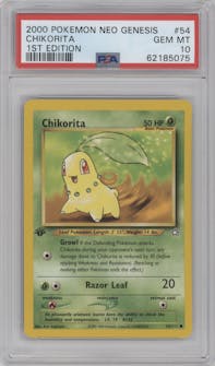 Chikorita from the 2000 Pokemon Neo Genesis set graded by PSA and given an overall grade of 10.