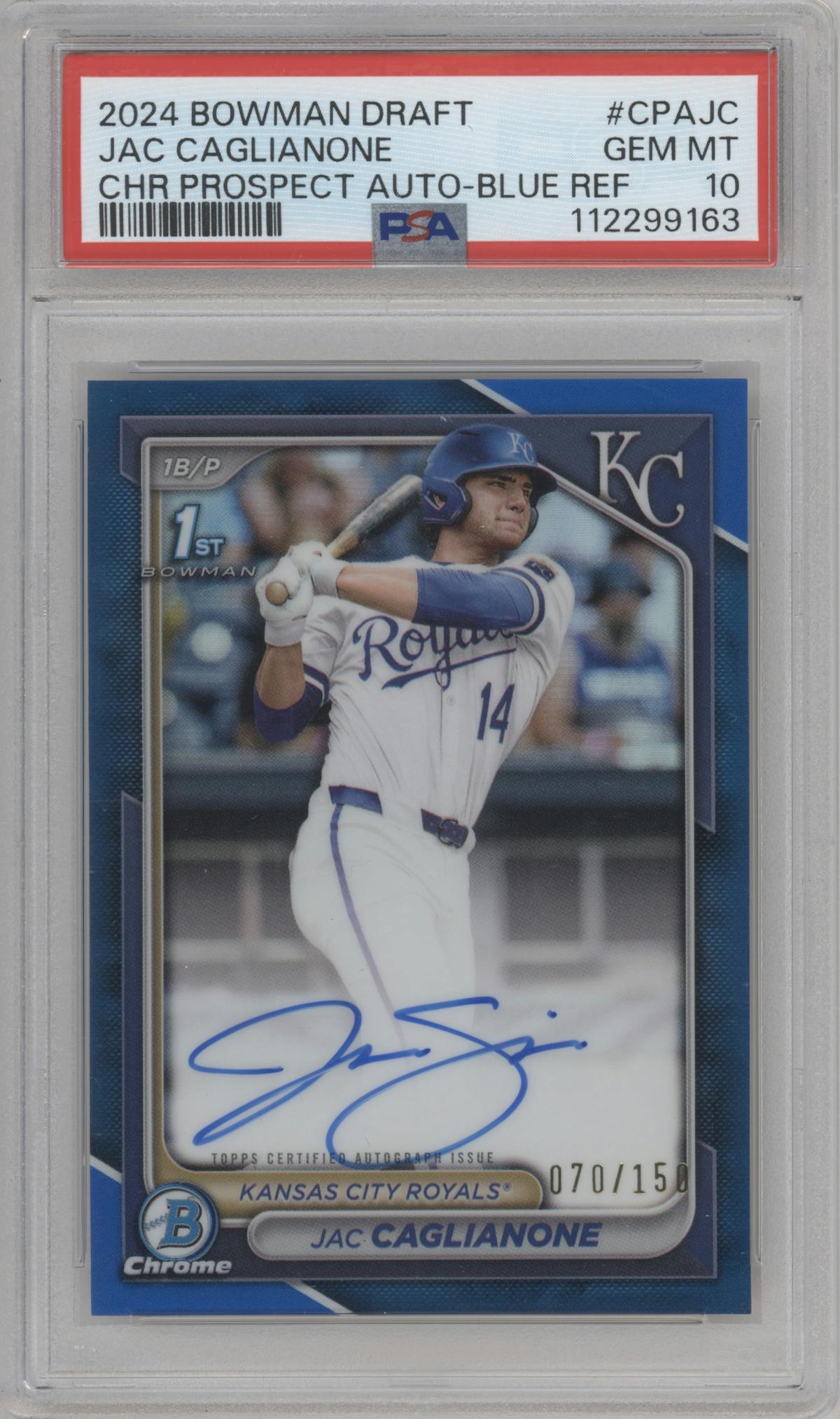 Jac Caglianone from the 2024 Bowman Draft set featuring a Blue Refractor parallel graded by PSA and given an overall grade of 10.