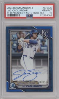 Jac Caglianone from the 2024 Bowman Draft set featuring a Blue Refractor parallel graded by PSA and given an overall grade of 10.
