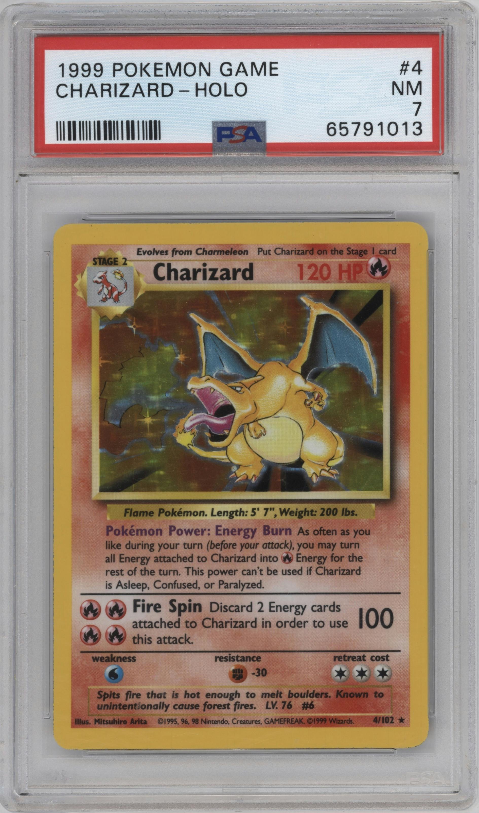 Charizard from the 1999 Pokemon set graded by PSA and given an overall grade of 7.