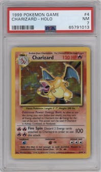 Charizard from the 1999 Pokemon set graded by PSA and given an overall grade of 7.