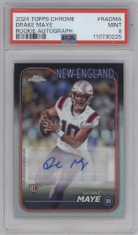 Drake Maye from the 2024 Topps Chrome set graded by PSA and given an overall grade of 9.