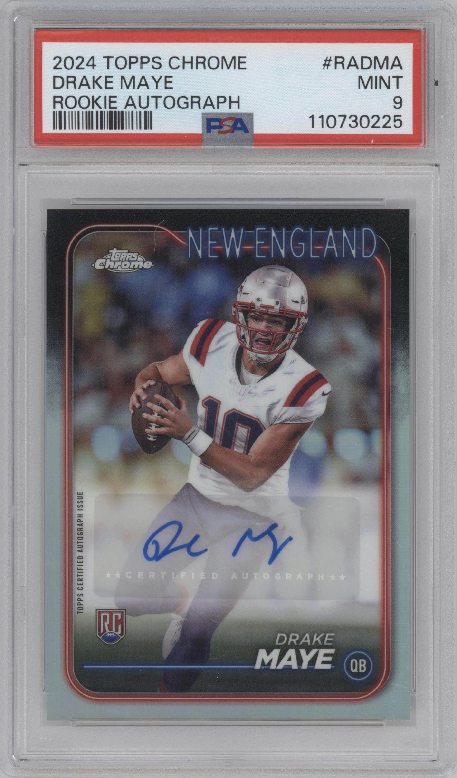 Drake Maye from the 2024 Topps Chrome set graded by PSA and given an overall grade of 9.