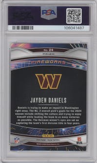 Jayden Daniels from the 2024 Panini Prizm set featuring a Silver Prizm parallel graded by PSA and given an overall grade of 10.