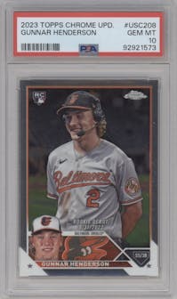 Gunnar Henderson from the 2023 Topps Chrome Update set graded by PSA and given an overall grade of 10.