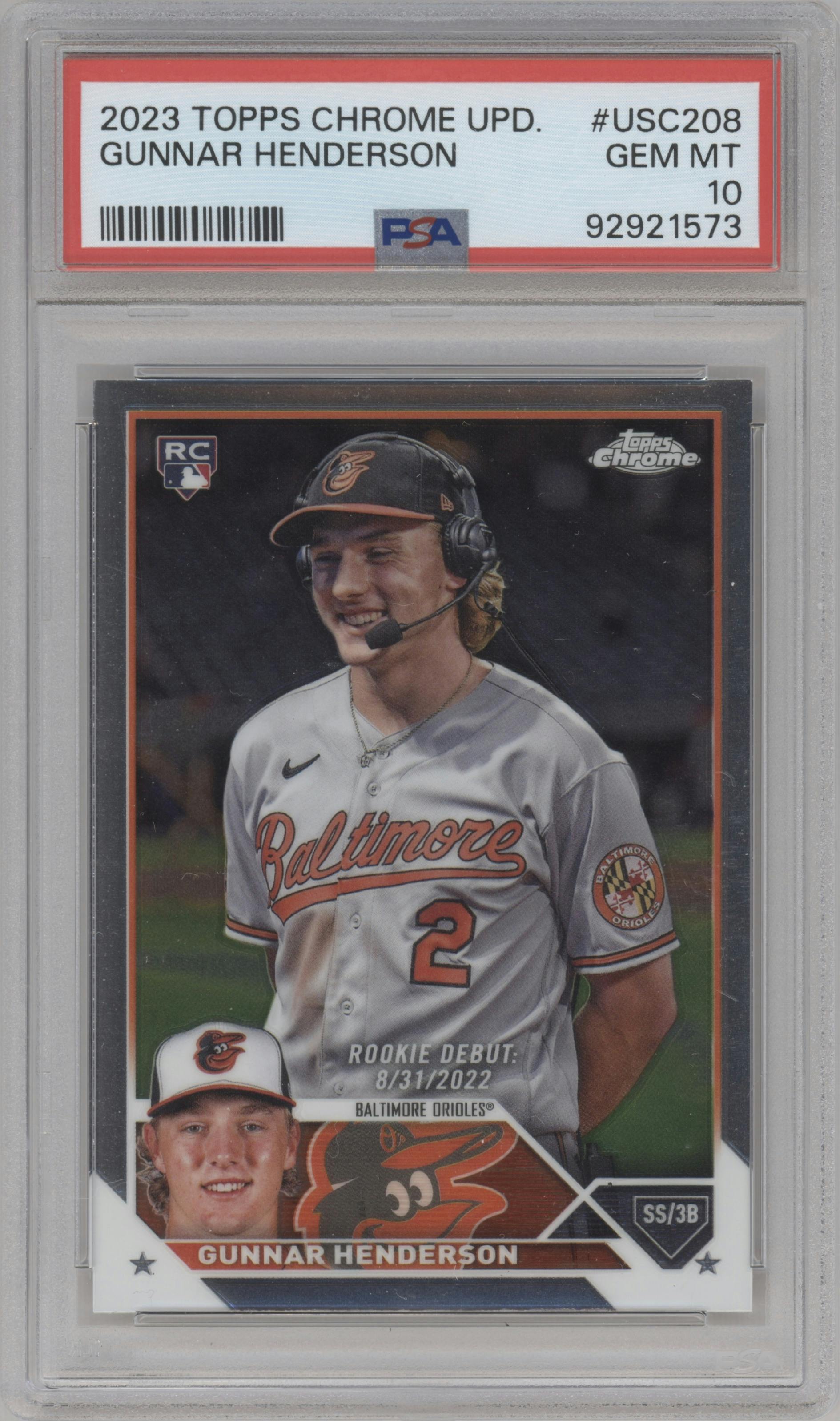 Gunnar Henderson from the 2023 Topps Chrome Update set graded by PSA and given an overall grade of 10.