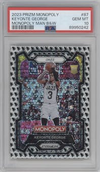 Keyonte George from the 2023-24 Panini Prizm Monopoly set featuring a  Monopoly Man Black & White  parallel graded by PSA and given an overall grade of 10.