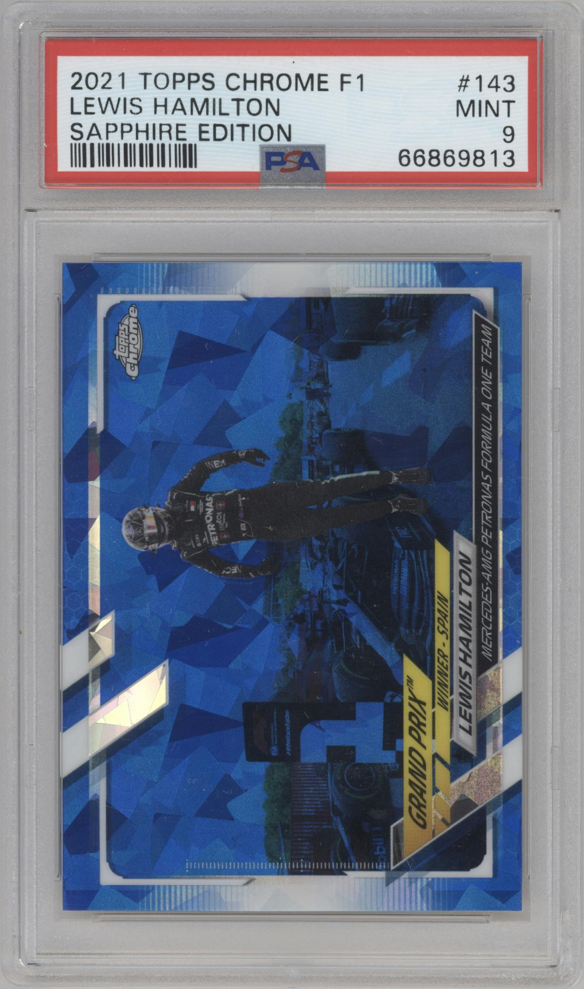 Lewis Hamilton from the 2021 Topps Chrome Sapphire Edition Formula 1 set graded by PSA and given an overall grade of 9.