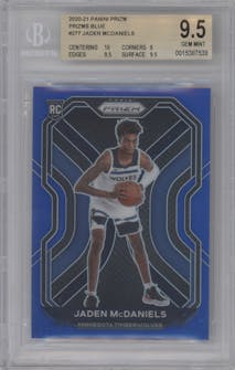 Jaden McDaniels from the 2020-21 Panini Prizm set featuring a Blue Prizm parallel graded by Beckett and given an overall grade of 9.5.