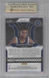 Jaden McDaniels from the 2020-21 Panini Prizm set featuring a Blue Prizm parallel graded by Beckett and given an overall grade of 9.5.
