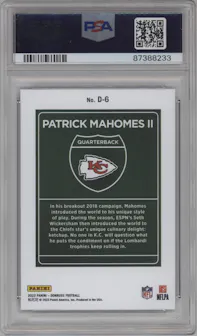 Patrick Mahomes II from the 2023 Panini Donruss set graded by PSA and given an overall grade of 10.