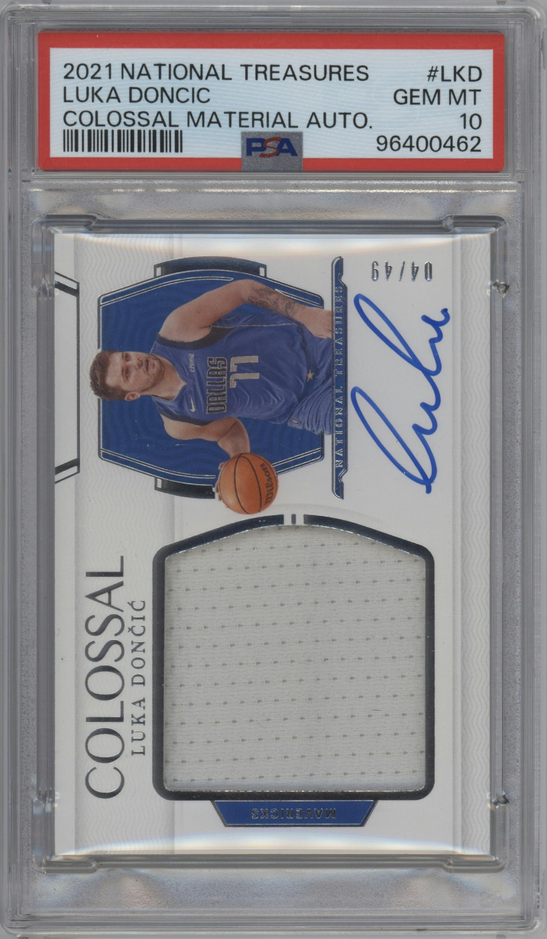 Luka Doncic from the 2021-22 Panini National Treasures set graded by PSA and given an overall grade of 10.