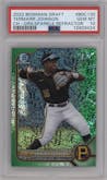 Termarr Johnson from the 2022 Bowman Draft set featuring a Green Sparkle Refractor parallel graded by PSA and given an overall grade of 10.
