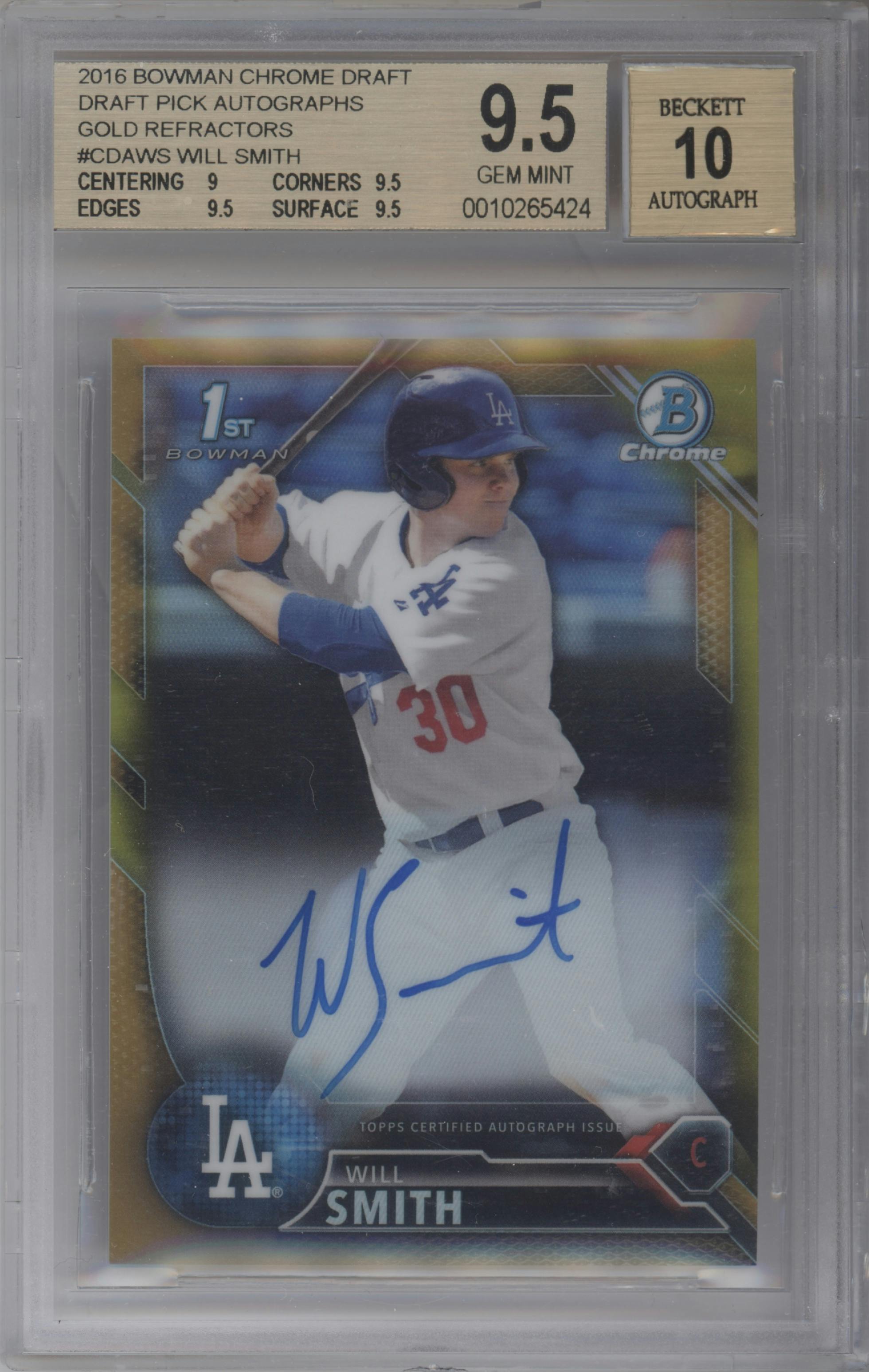 Will Smith from the 2016 Bowman Draft set featuring a Gold Refractor parallel graded by Beckett and given an overall grade of 9.5.