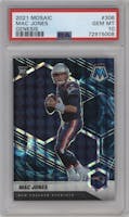 Mac Jones from the 2021 Panini Mosaic set featuring a Genesis parallel graded by PSA and given an overall grade of 10.
