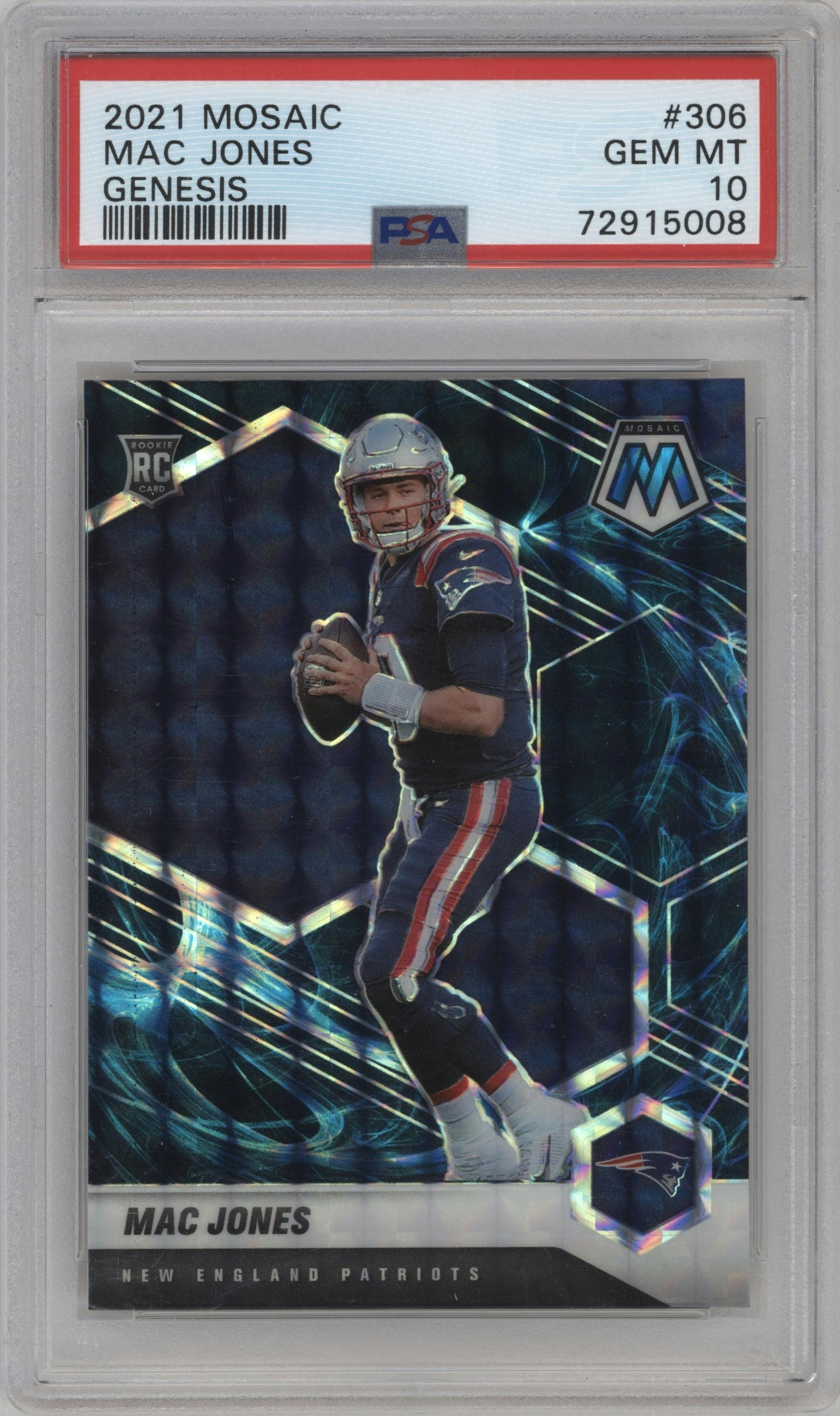 Mac Jones from the 2021 Panini Mosaic set featuring a Genesis parallel graded by PSA and given an overall grade of 10.