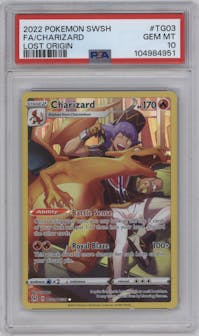 Charizard from the 2022 Pokemon SWSH set graded by PSA and given an overall grade of 10.