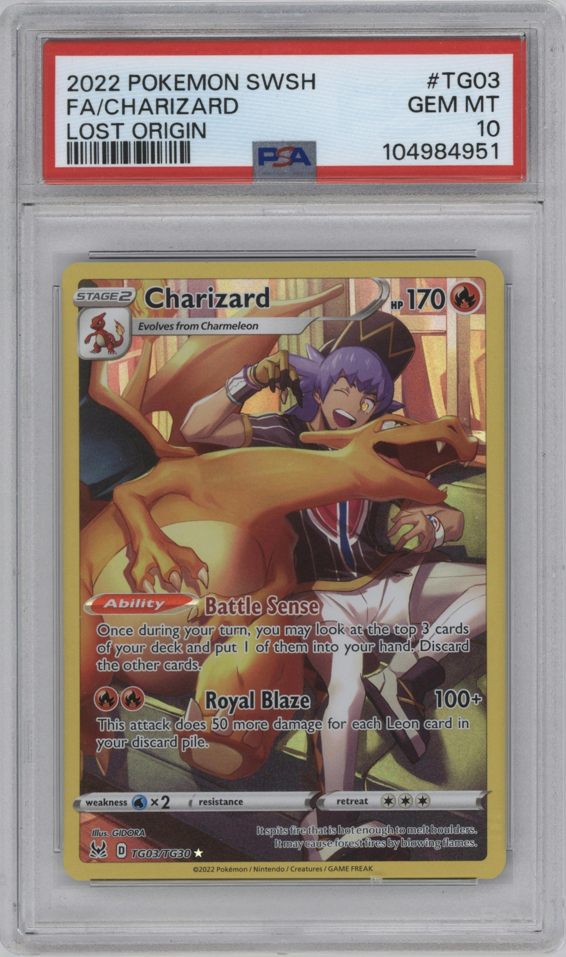 Charizard from the 2022 Pokemon SWSH set graded by PSA and given an overall grade of 10.