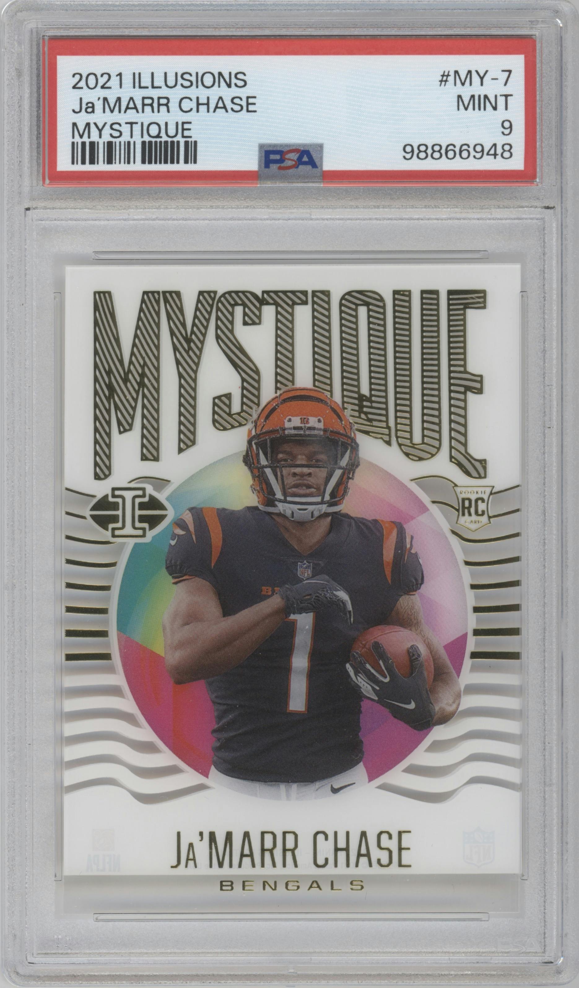 Ja'Marr Chase from the 2021 Panini Illusions set graded by PSA and given an overall grade of 9.