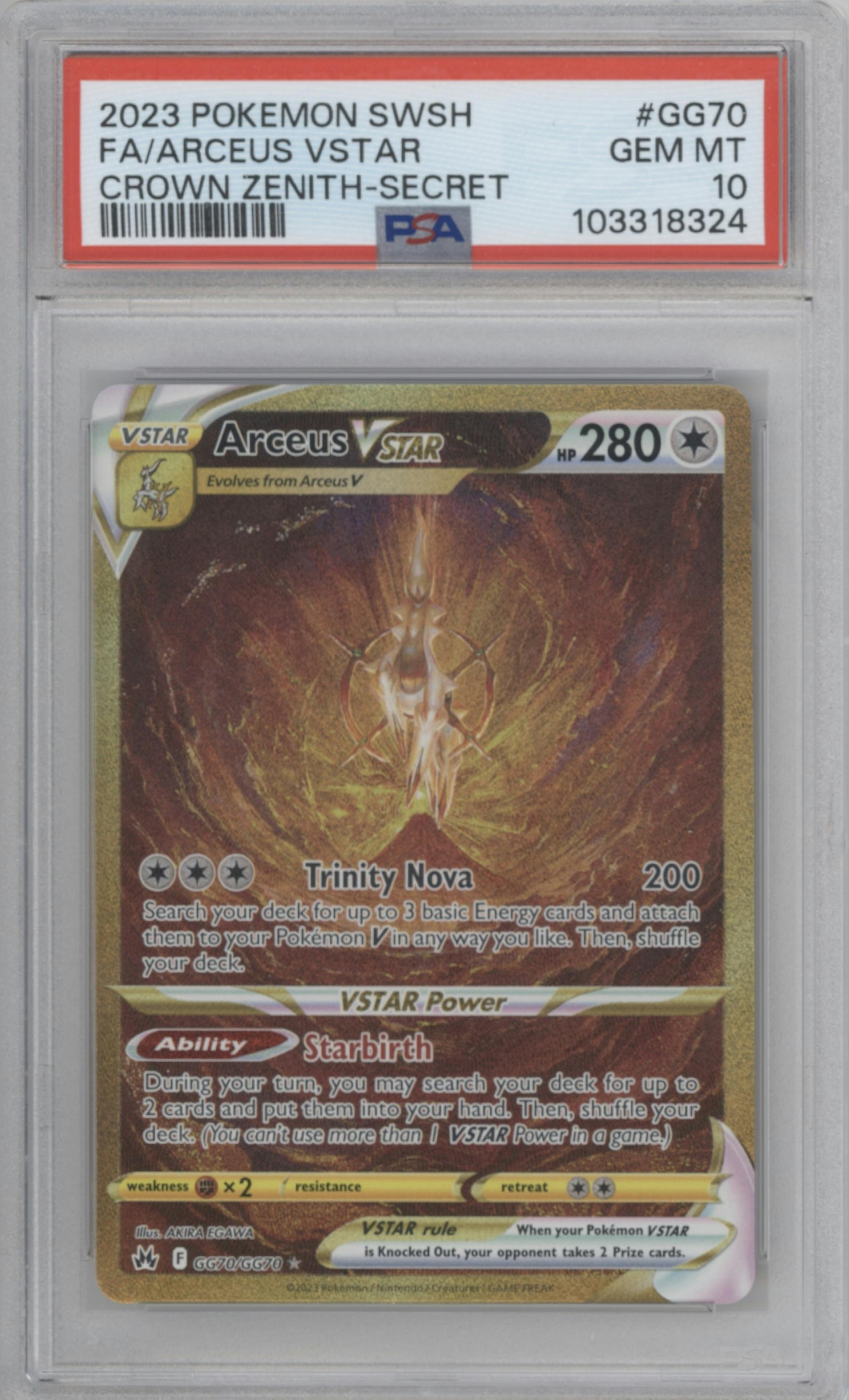 Arceus VSTAR from the 2023 Pokemon SWSH set graded by PSA and given an overall grade of 10.