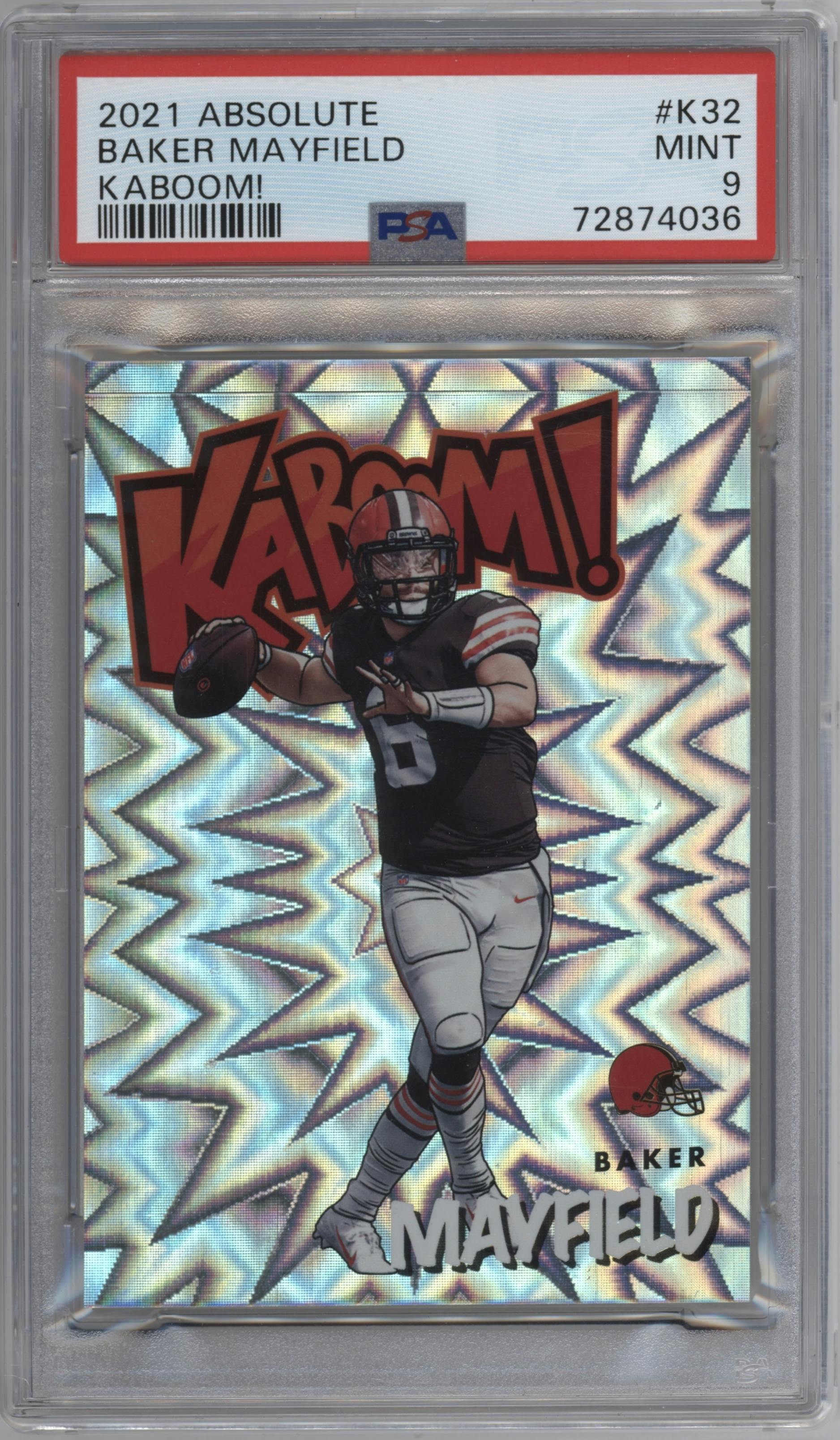 Baker Mayfield from the 2021 Panini Absolute set graded by PSA and given an overall grade of 9.