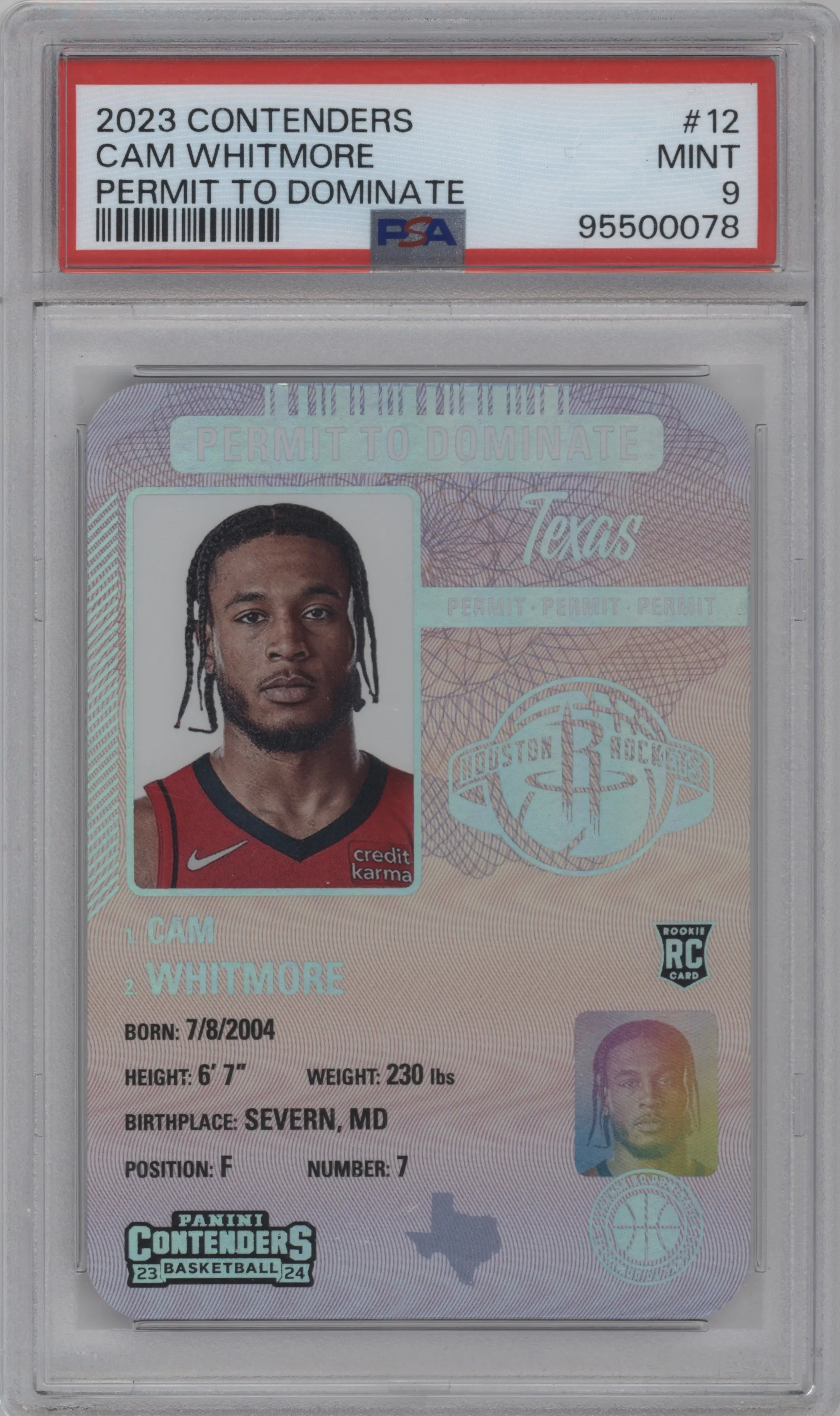 2023 Panini Contenders Permit to Dominate Cam Whitmore PSA 9