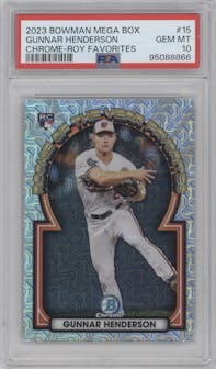 Gunnar Henderson from the 2023 Bowman Mega Box set graded by PSA and given an overall grade of 10.