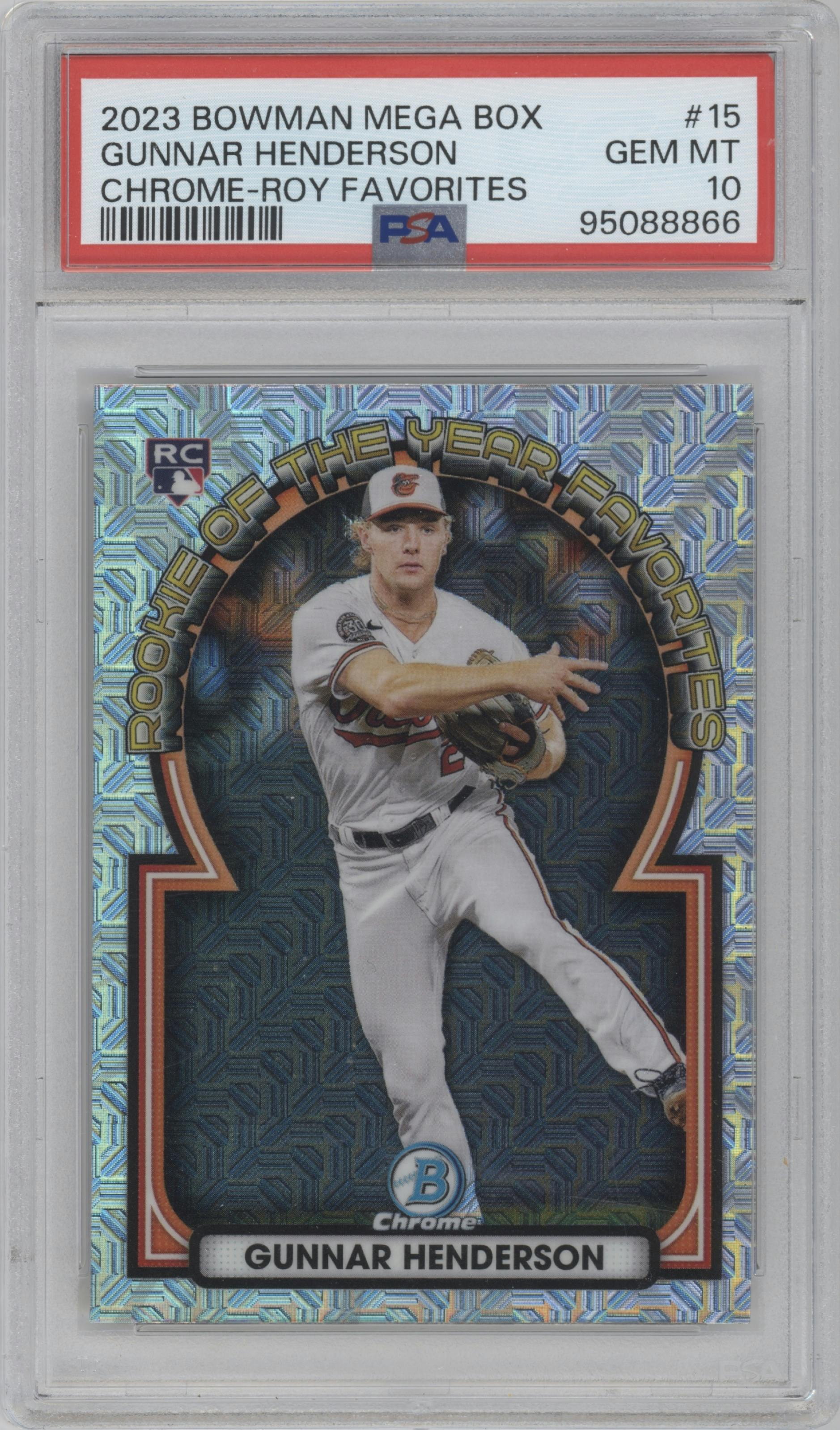 Gunnar Henderson from the 2023 Bowman Mega Box set graded by PSA and given an overall grade of 10.