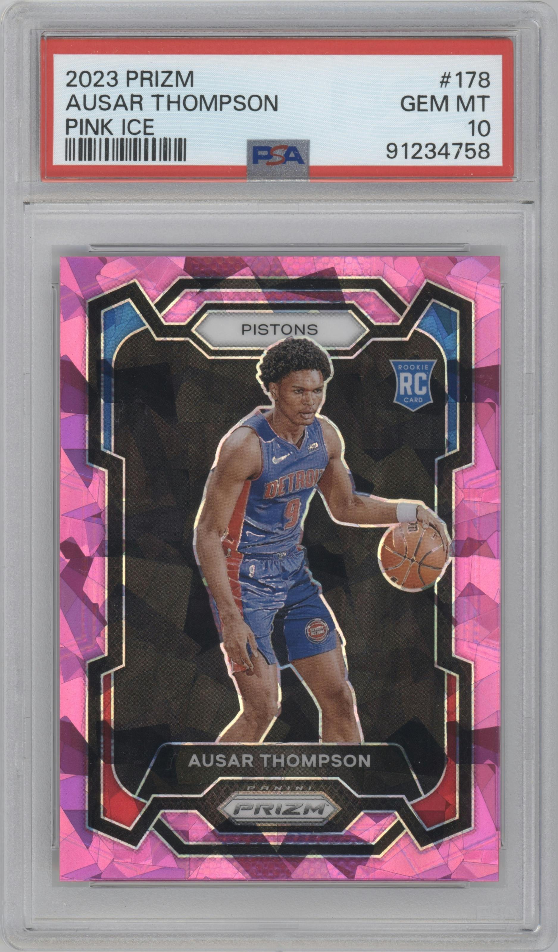Ausar Thompson from the 2023-24 Panini Prizm set featuring a Pink Ice parallel graded by PSA and given an overall grade of 10.