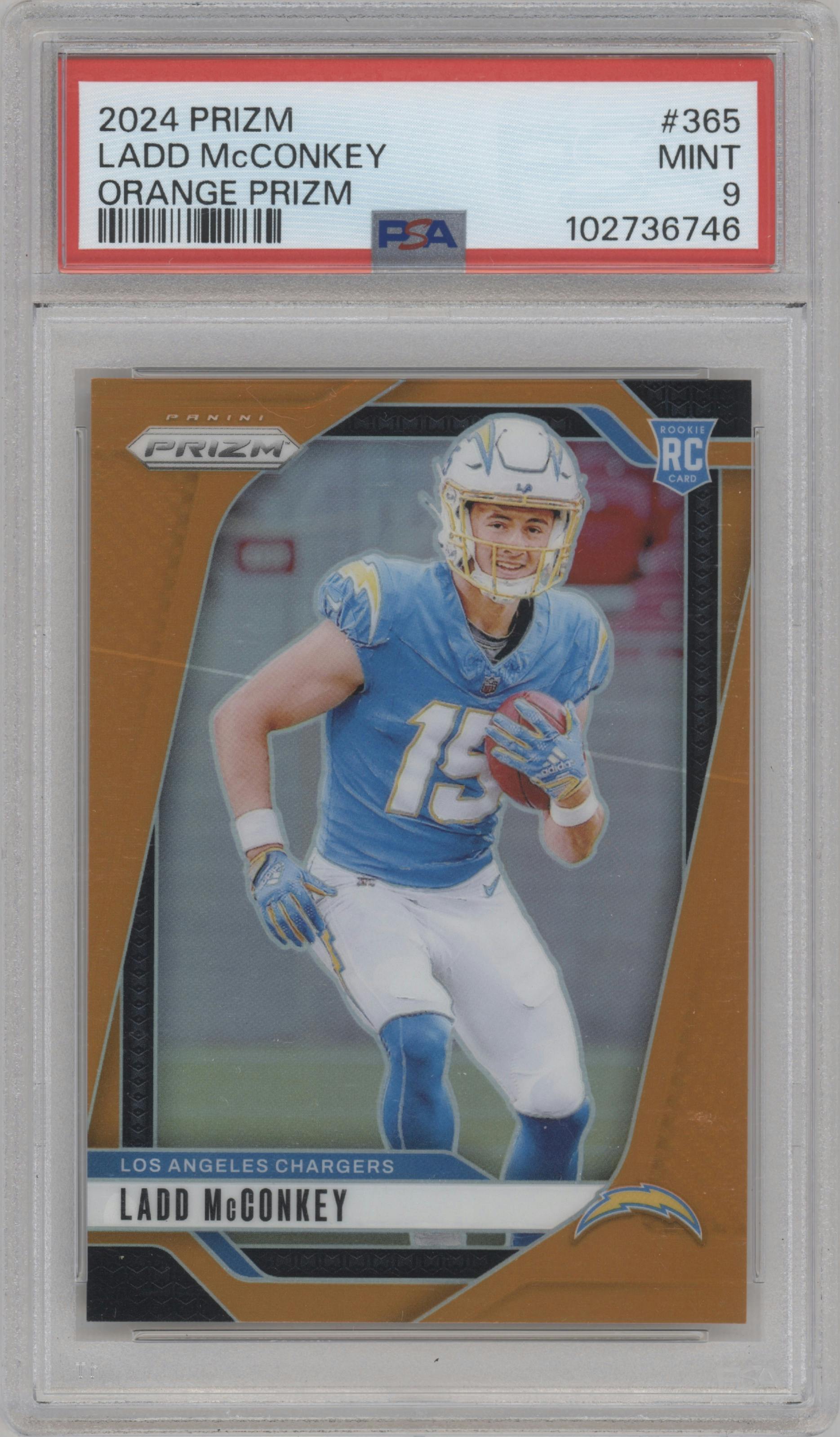 Ladd McConkey from the 2024 Panini Prizm set featuring a Orange Prizm parallel graded by PSA and given an overall grade of 9.