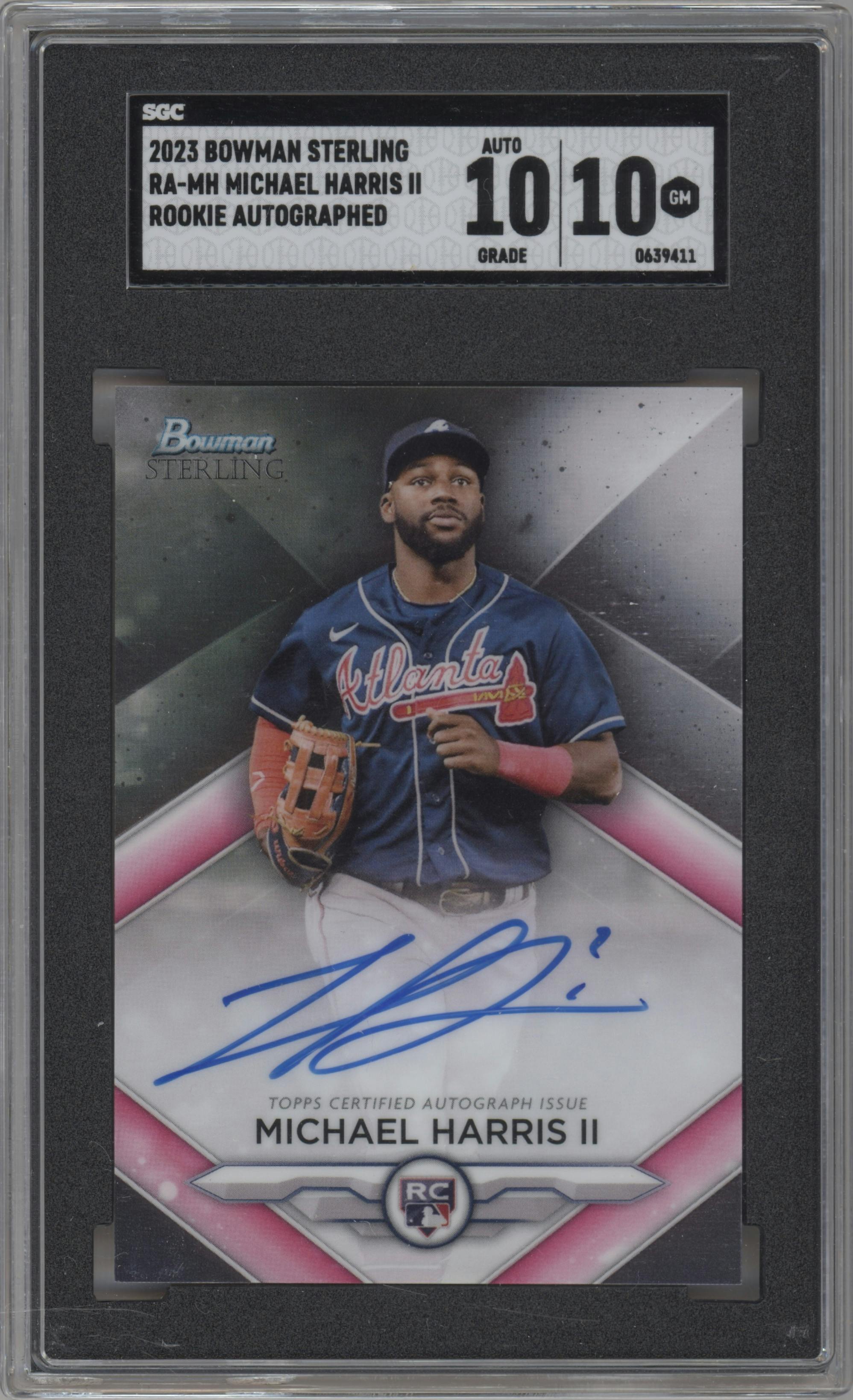 Michael Harris II from the 2023 Bowman Sterling set graded by SGC and given an overall grade of 10.