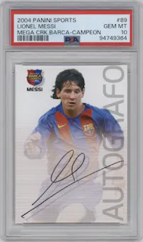 Messi from the 2004-05 Panini Megacracks Barca Campeon/Campio set graded by PSA and given an overall grade of 10.