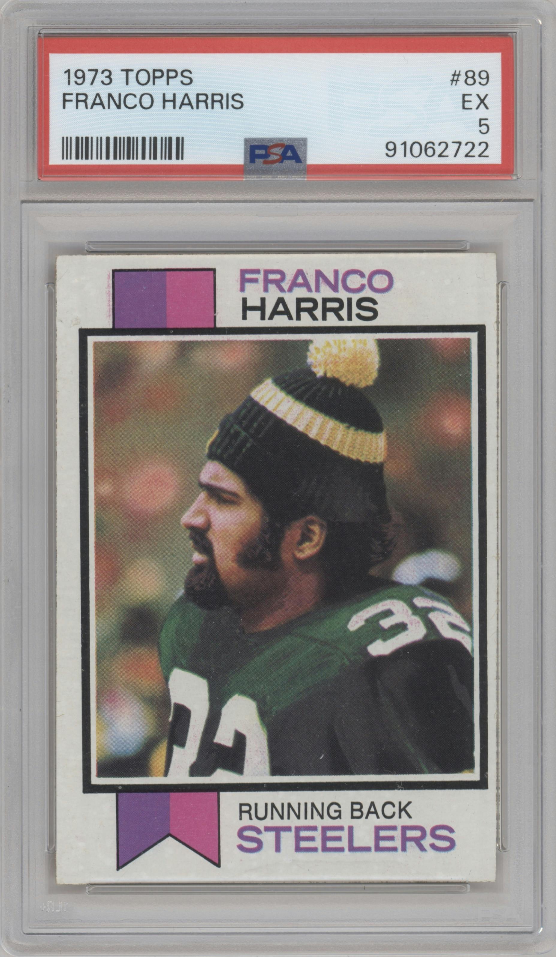 Franco Harris from the 1973 Topps set graded by PSA and given an overall grade of 5.