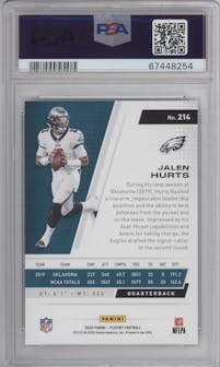 Jalen Hurts from the 2020 Panini Playoff set featuring a Goal Line parallel graded by PSA and given an overall grade of 9.