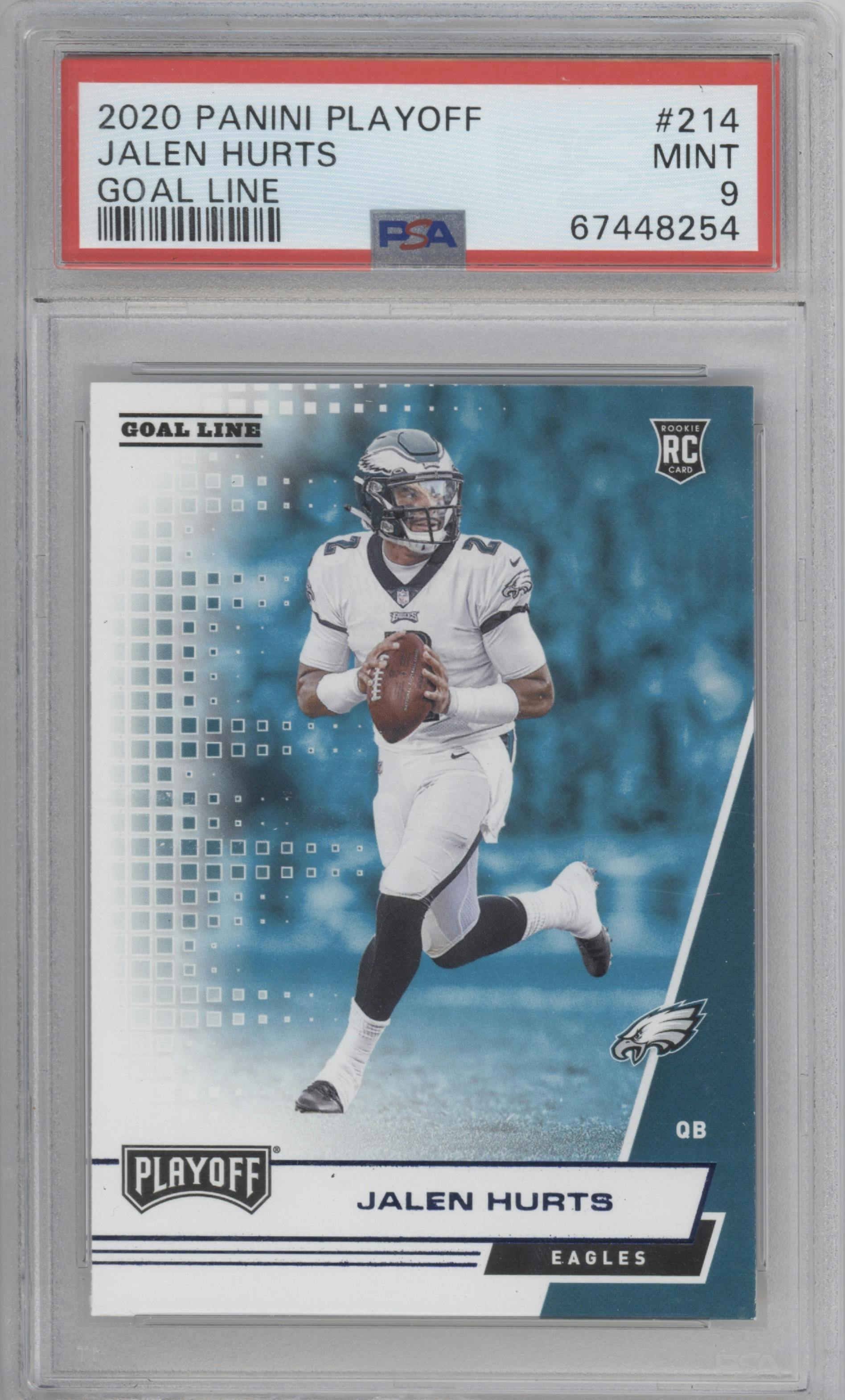 Jalen Hurts from the 2020 Panini Playoff set featuring a Goal Line parallel graded by PSA and given an overall grade of 9.