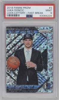 Luka Doncic from the 2018-19 Panini Prizm set featuring a Fast Break parallel graded by PSA and given an overall grade of 9.