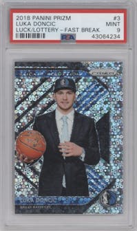 Luka Doncic from the 2018-19 Panini Prizm set featuring a Fast Break parallel graded by PSA and given an overall grade of 9.