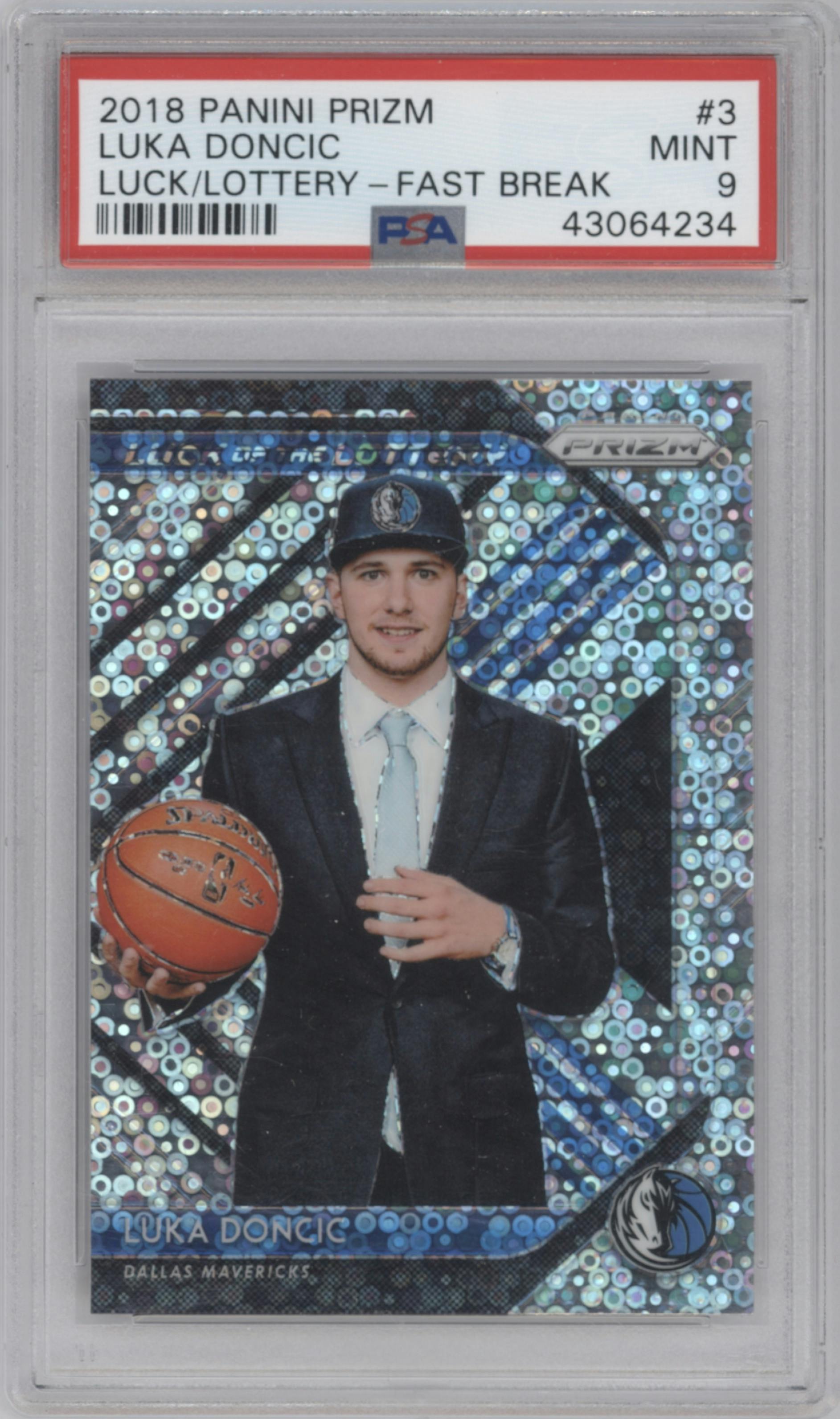 Luka Doncic from the 2018-19 Panini Prizm set featuring a Fast Break parallel graded by PSA and given an overall grade of 9.