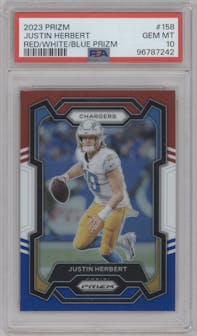 Justin Herbert from the 2023 Panini Prizm set featuring a Red/White/Blue parallel graded by PSA and given an overall grade of 10.