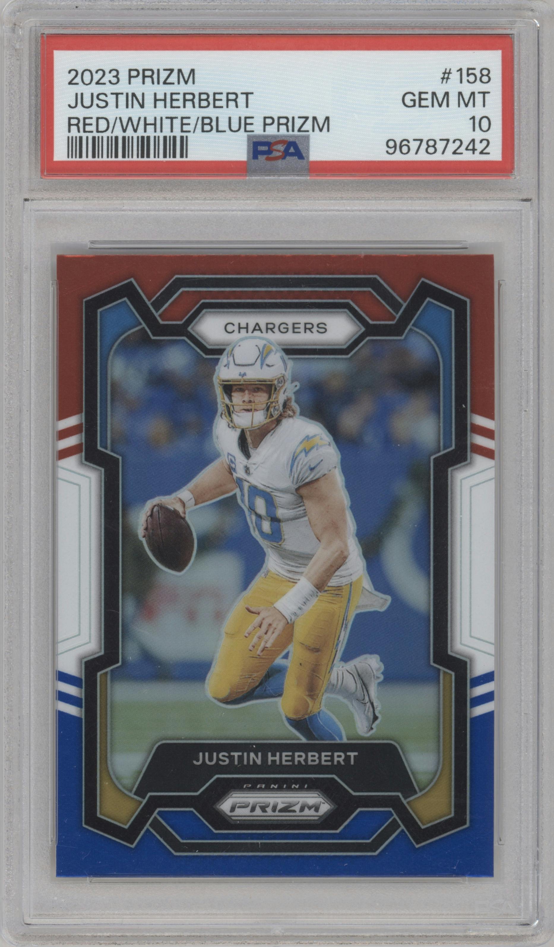 Justin Herbert from the 2023 Panini Prizm set featuring a Red/White/Blue parallel graded by PSA and given an overall grade of 10.