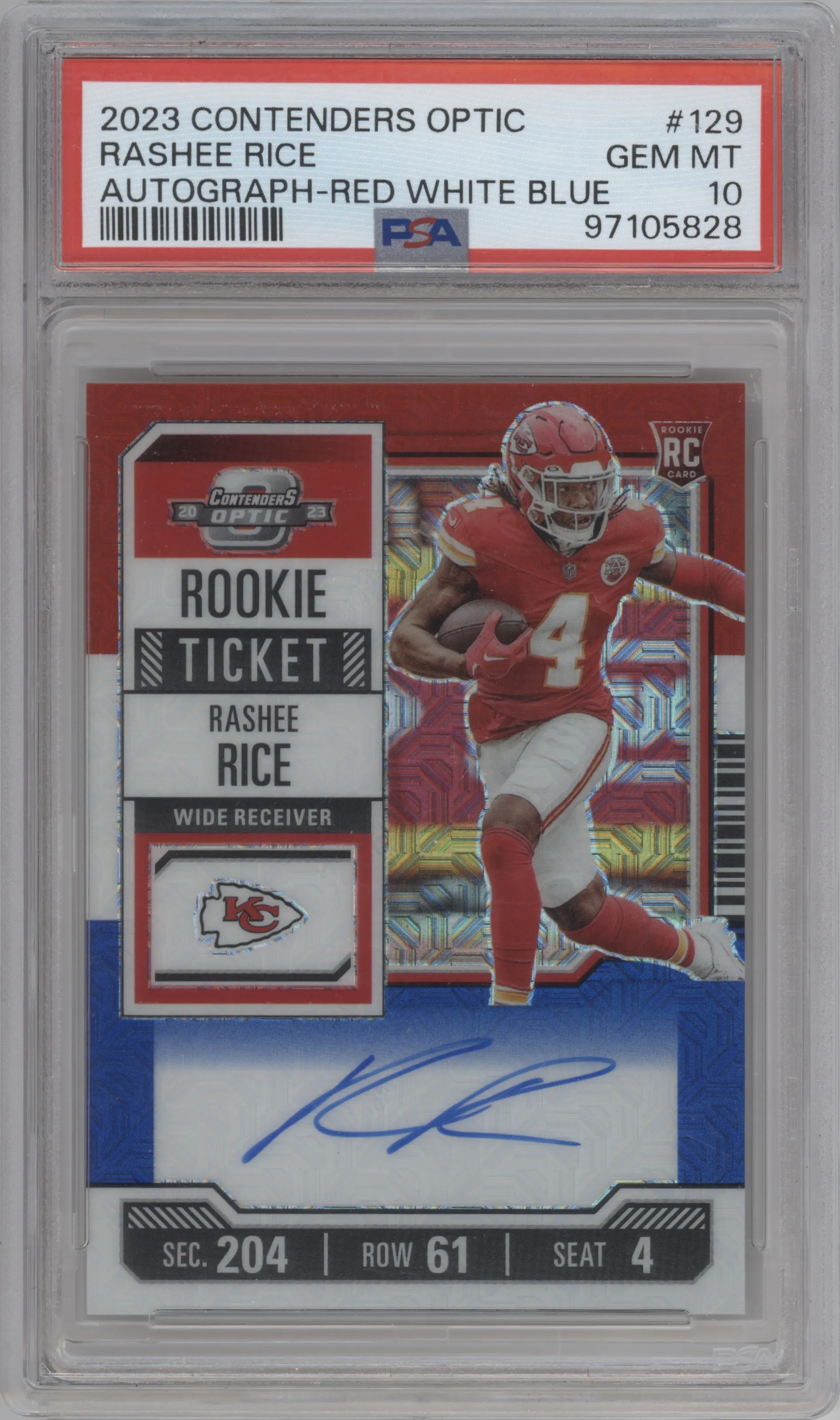 2023 Panini Contenders Optic Rke.Tkt.RPS Auto Rashee Rice Red, White and Blue #129 PSA 10