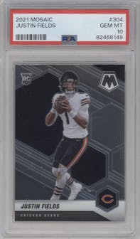 Justin Fields from the 2021 Panini Mosaic set graded by PSA and given an overall grade of 10.