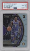 De'Aaron Fox from the 2017-18 Panini Select set featuring a Silver Prizm  parallel graded by PSA and given an overall grade of 10.
